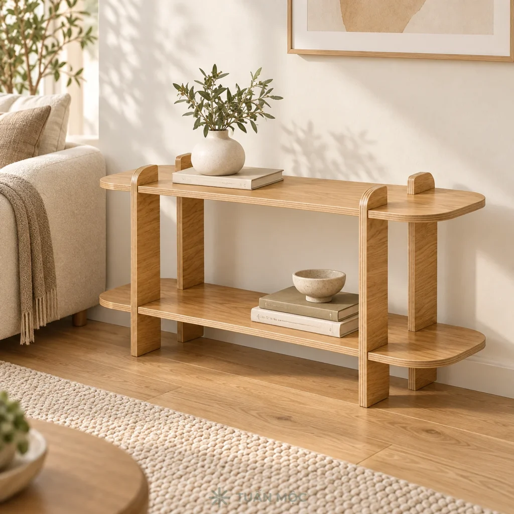 Kệ gỗ 2 tầng màu Sồi đặt cạnh sofa trong phòng khách