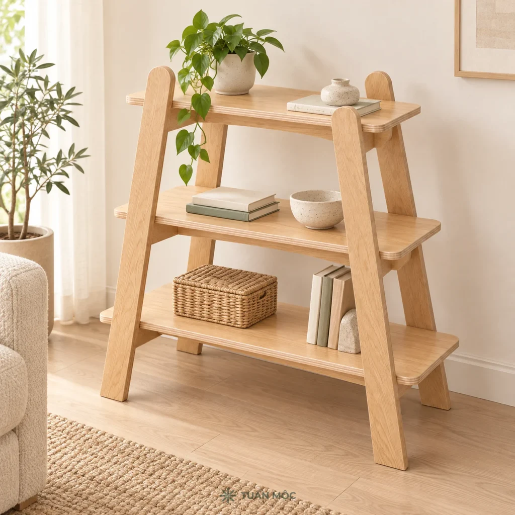 Kệ gỗ 3 tầng màu Sồi đặt trong phòng khách với sách, giỏ và cây minh họa