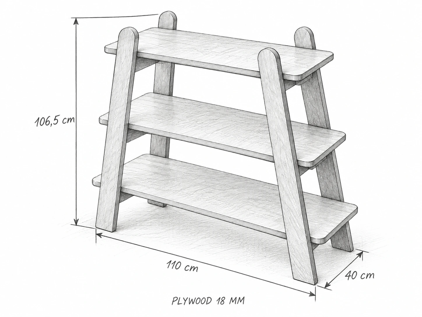 Phác thảo kệ gỗ 3 tầng ngang 110 cm, sâu 40 cm, cao phủ bì 106,5 cm