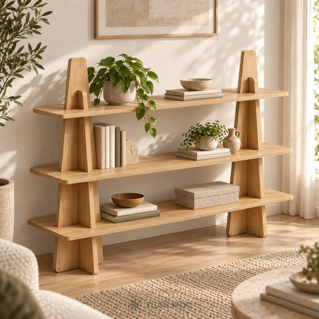 Kệ trang trí 3 tầng màu sồi trong không gian phòng khách