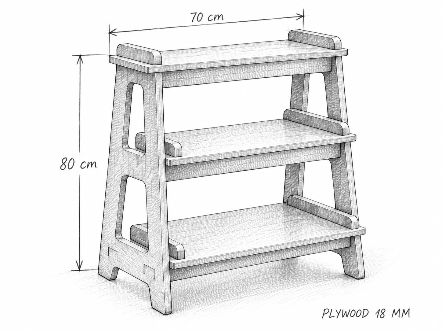 Phác thảo kệ sách 3 tầng cỡ ngang 70 cm, cao 80 cm