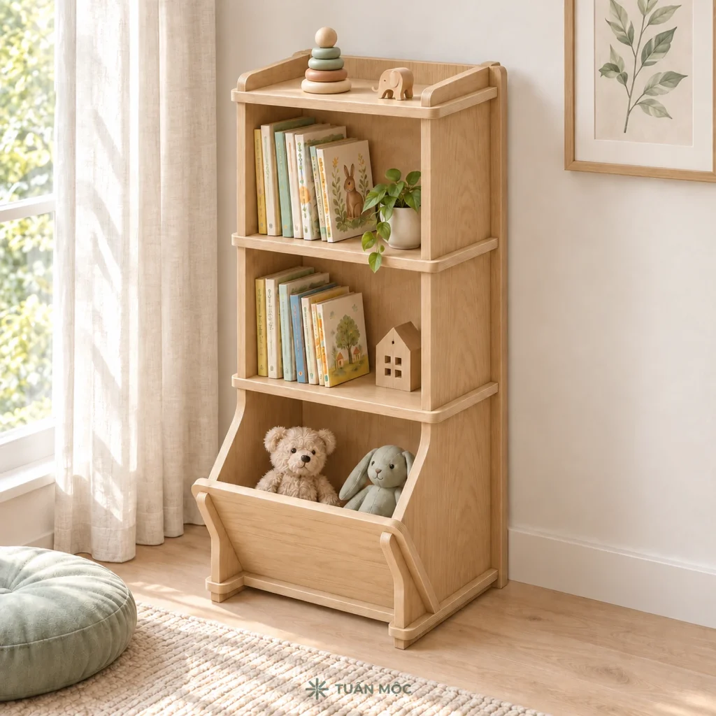 Kệ sách có ngăn đồ chơi đặt trong góc đọc sách cạnh cửa sổ