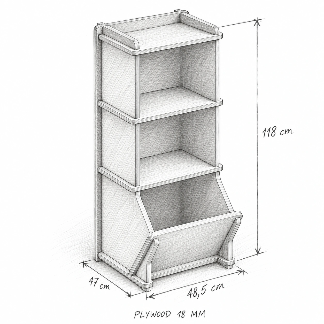 Phác thảo bút chì kệ sách có ngăn đồ chơi, phủ bì ngang 48,5 × sâu 47 × cao 118 cm