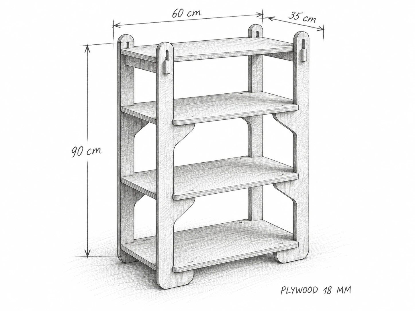 Phác thảo kệ sách đứng cỡ 60 × 35 × 90 cm