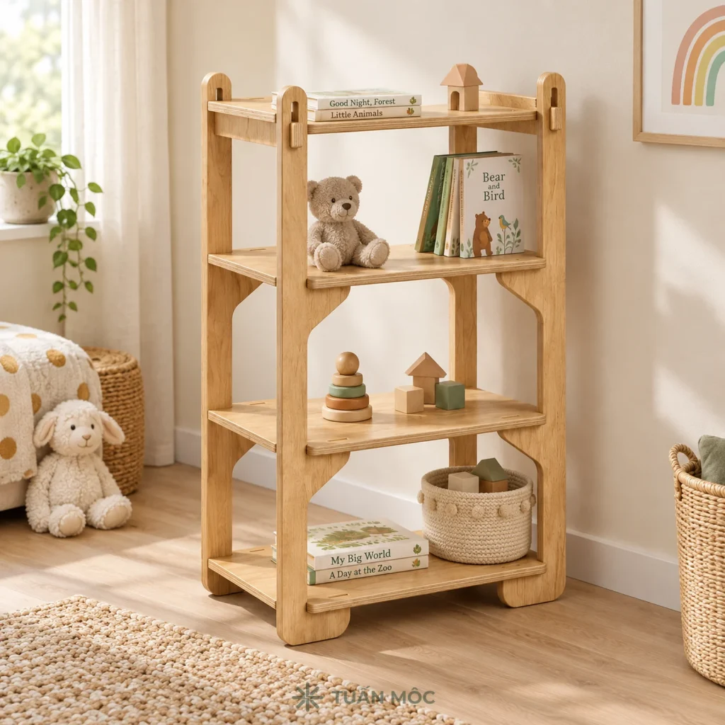 Kệ sách đứng Plywood màu sồi trong phòng bé