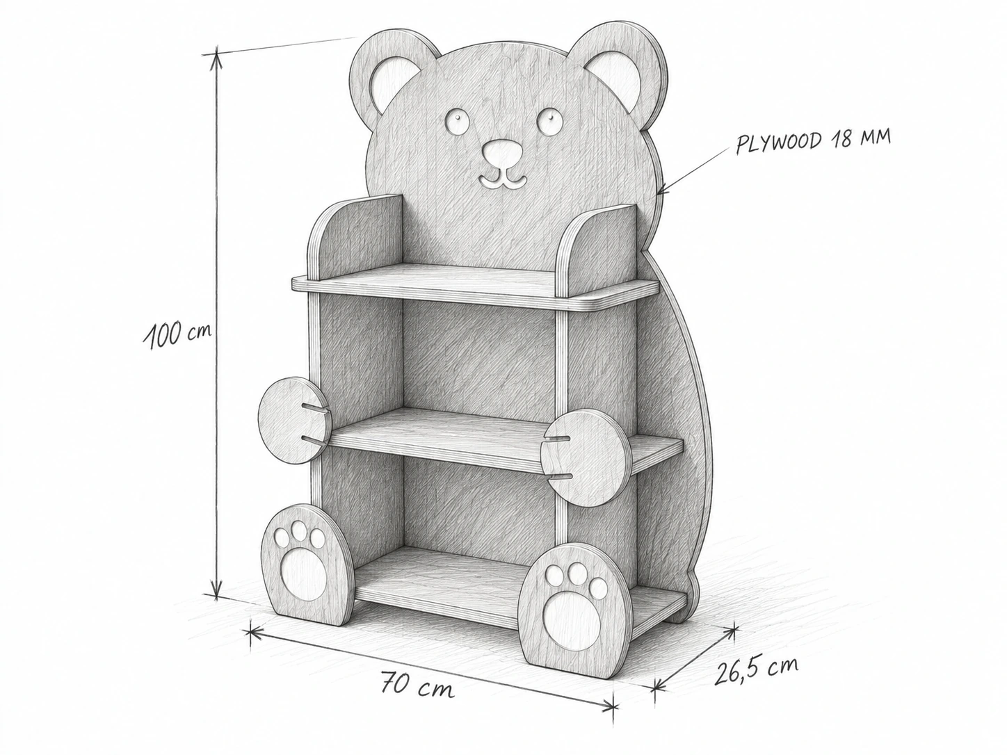Phác thảo kệ sách hình gấu ngang 70 cm, sâu 26,5 cm, cao 100 cm