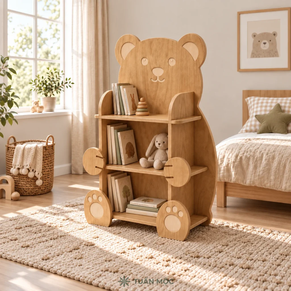 Kệ sách hình gấu màu Sồi trong phòng bé