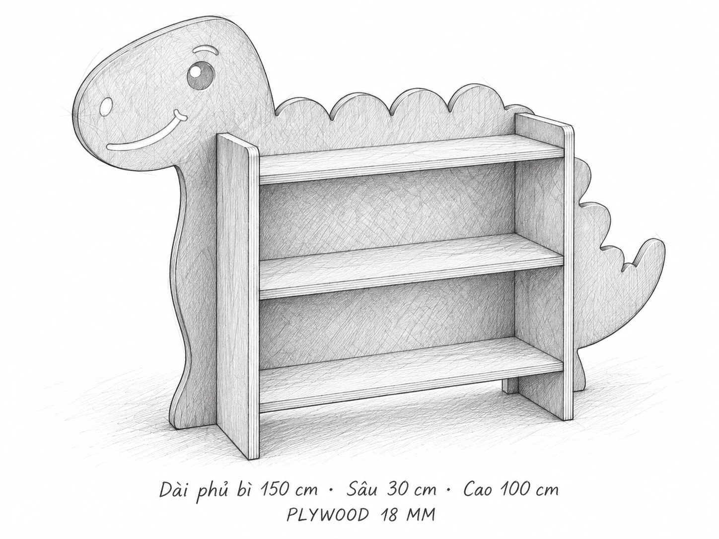 Phác thảo kệ sách hình khủng long, kích thước phủ bì 150 × 30 × 100 cm