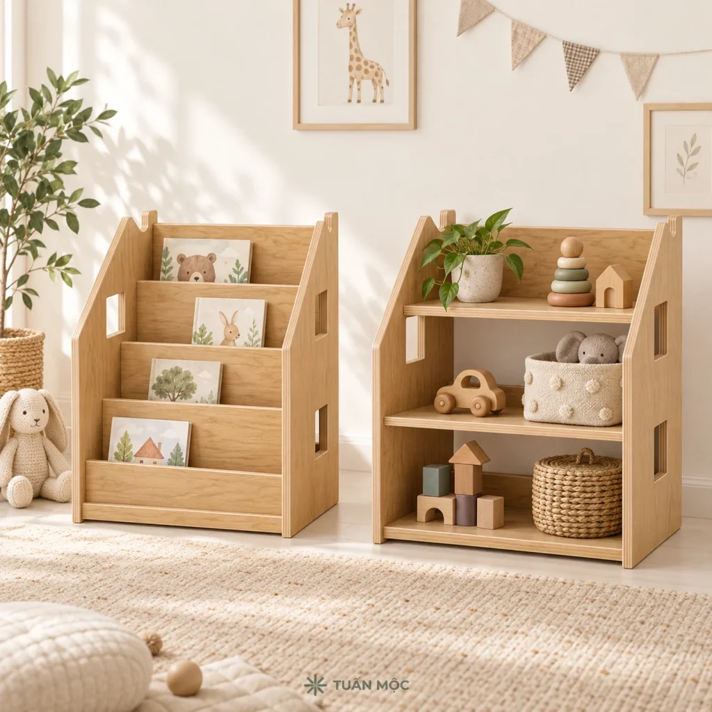 Kệ sách hình ngôi nhà trong không gian sử dụng