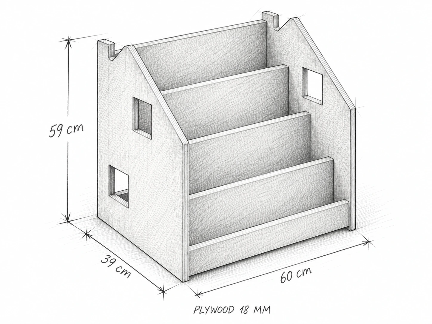 Phác thảo kệ sách hình ngôi nhà ngang 60 cm, sâu 39 cm, cao 59 cm