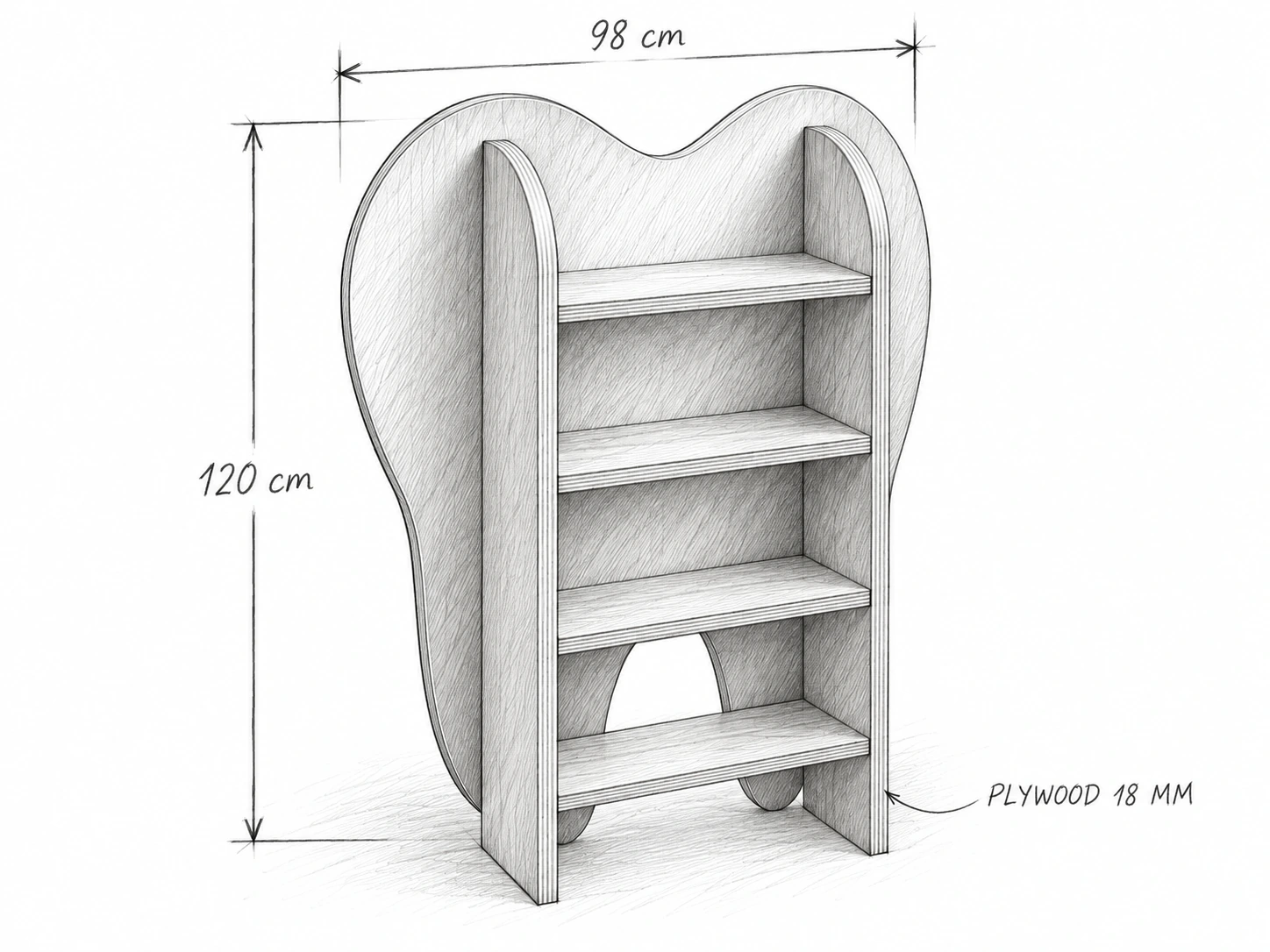 Phác thảo kệ sách hình răng ngang 98 cm, cao 120 cm