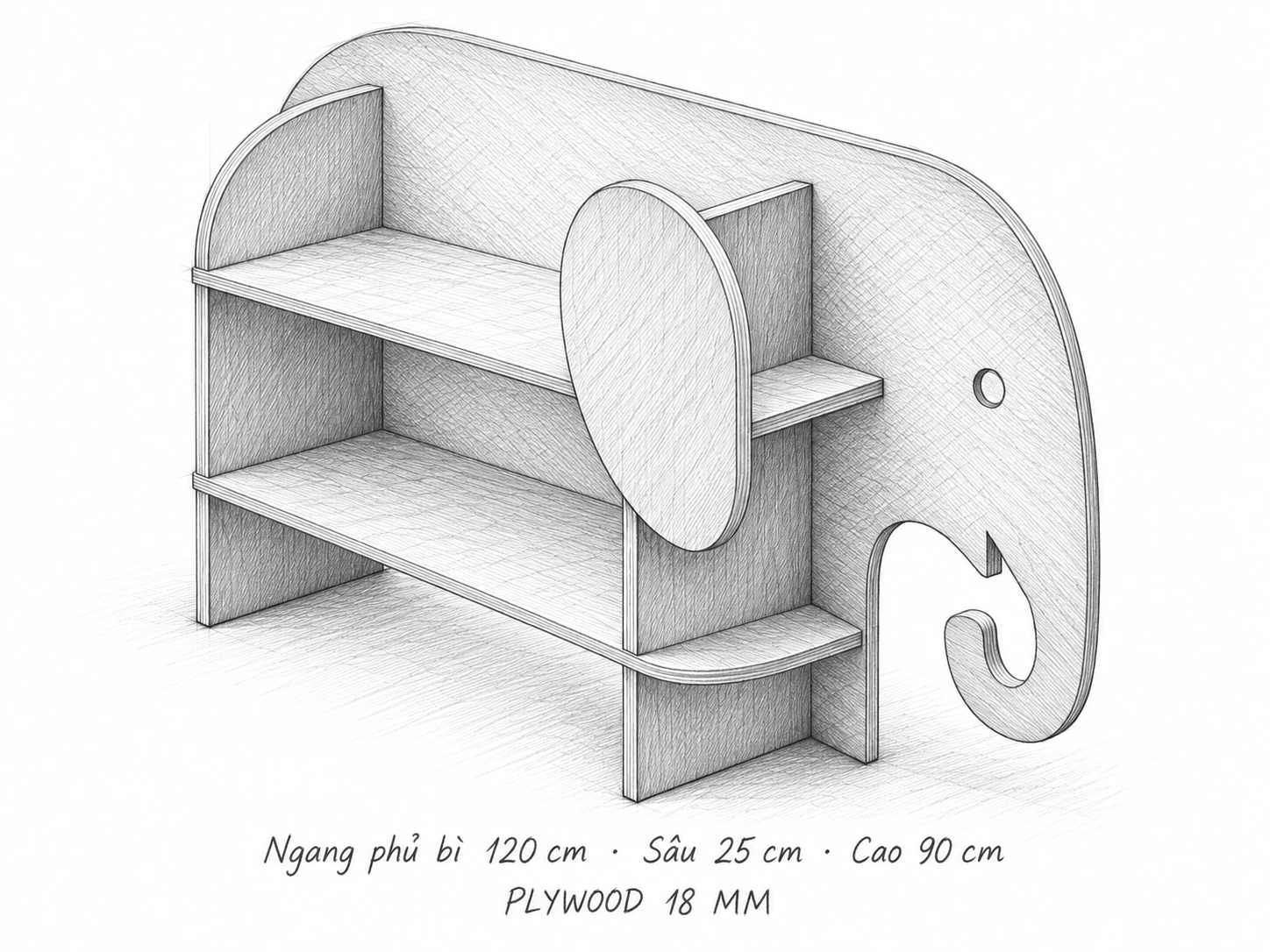 Phác thảo kệ sách hình voi, kích thước phủ bì 120 × 25 × 90 cm