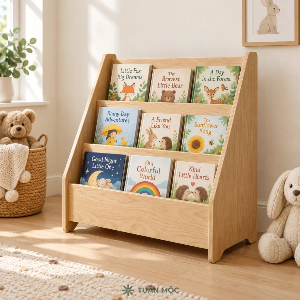 Kệ sách Montessori cho bé màu Sồi trưng bày bìa sách trong phòng bé