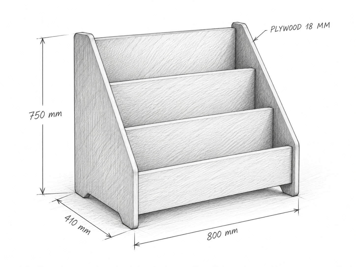 Phác thảo kệ sách Montessori cho bé ngang 80 cm, sâu 41 cm, cao 75 cm