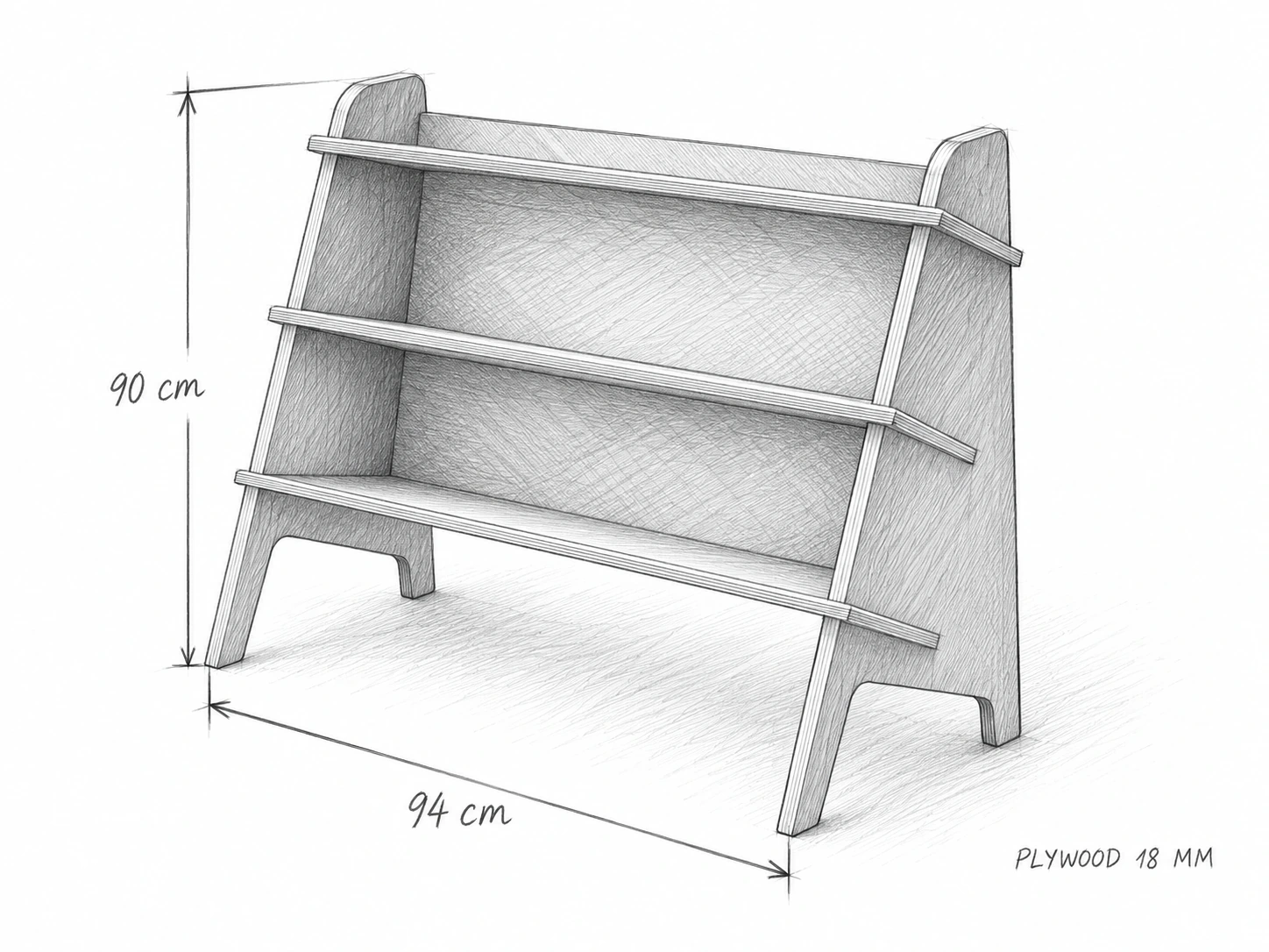Phác thảo kệ sách nghiêng ngang 94 cm, cao 90 cm