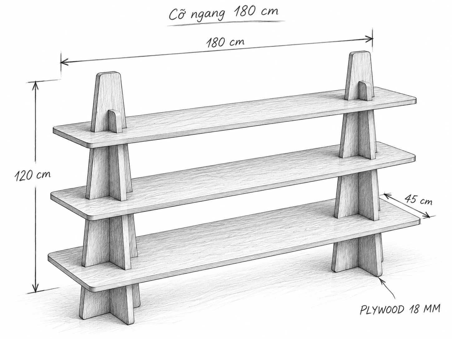 Phác thảo kệ trang trí 3 tầng cỡ ngang 180 cm, cao 120 cm