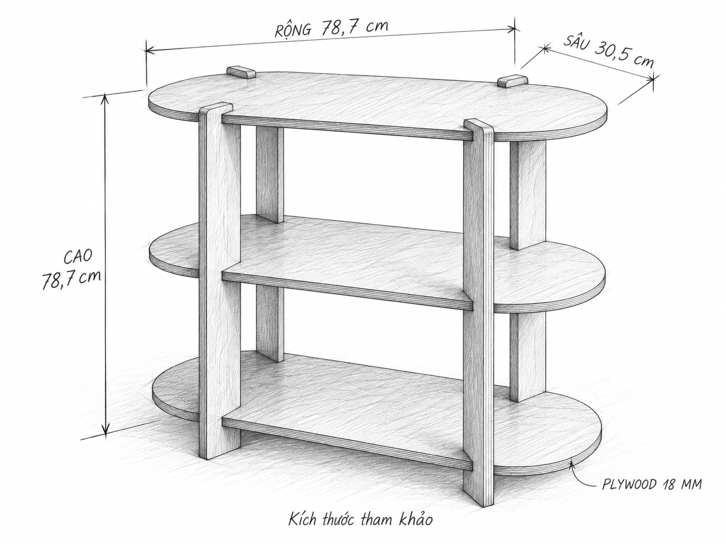 Phác thảo kệ trang trí bo tròn 3 tầng, kích thước tham khảo 78,7 × 30,5 × 78,7 cm
