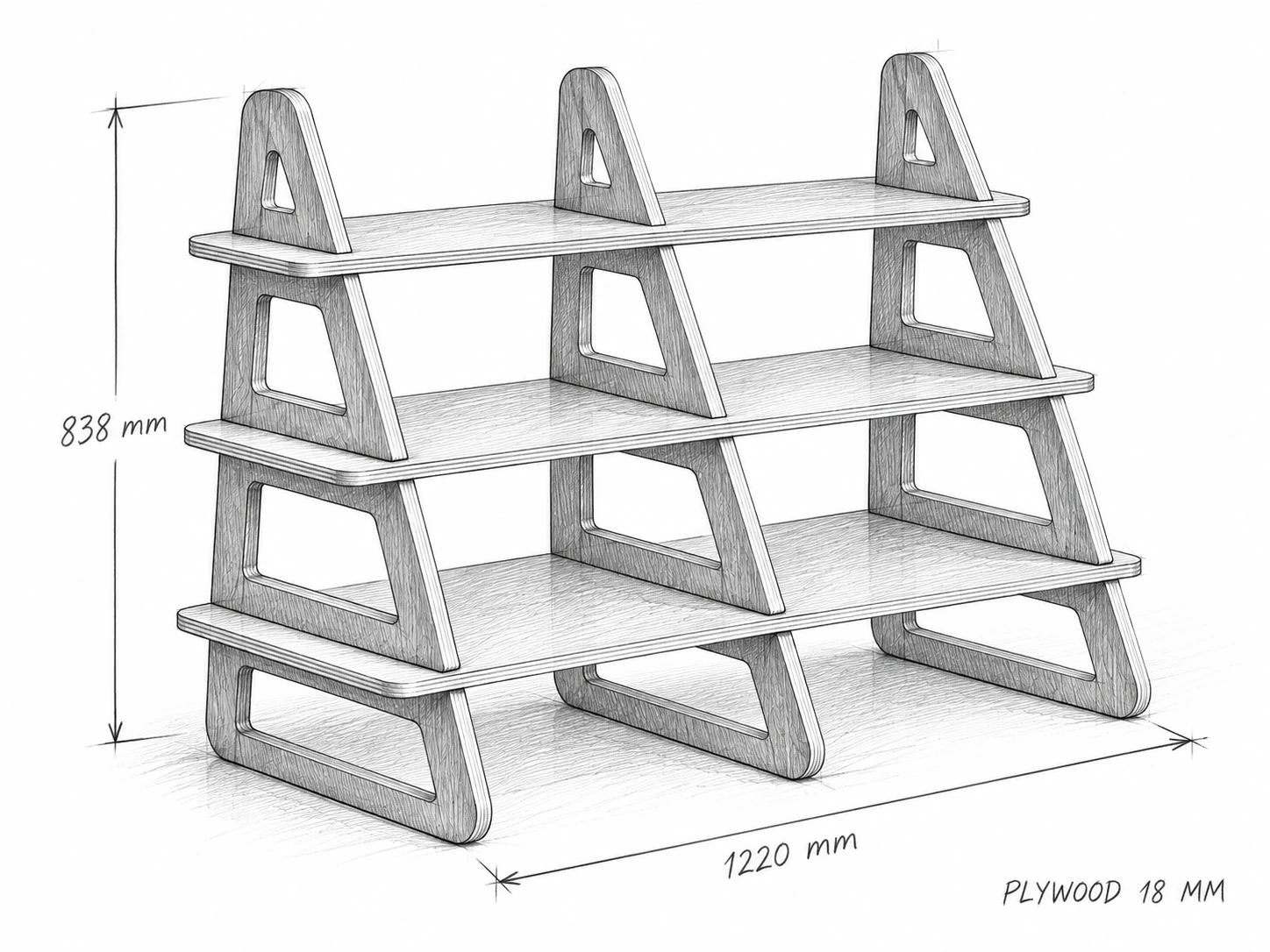 Phác thảo kệ trang trí hình học 3 tầng ngang 122 cm, sâu 46,9 cm, cao 83,8 cm