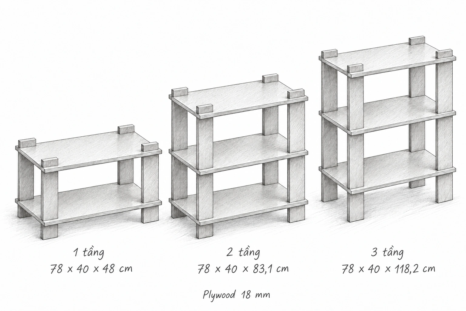 Ba mẫu kệ module một, hai và ba tầng, cao 48; 83,1 và 118,2 cm, phác thảo bằng bút chì
