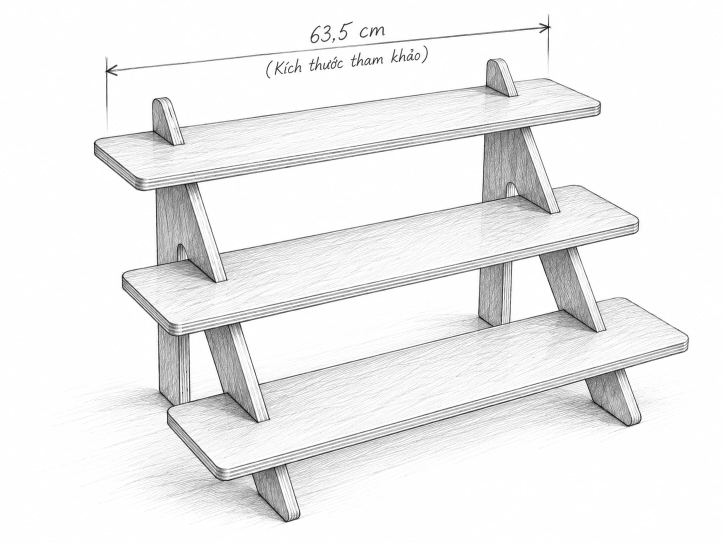 Phác thảo kệ trưng bày 3 tầng, ngang tham khảo 63,5 cm