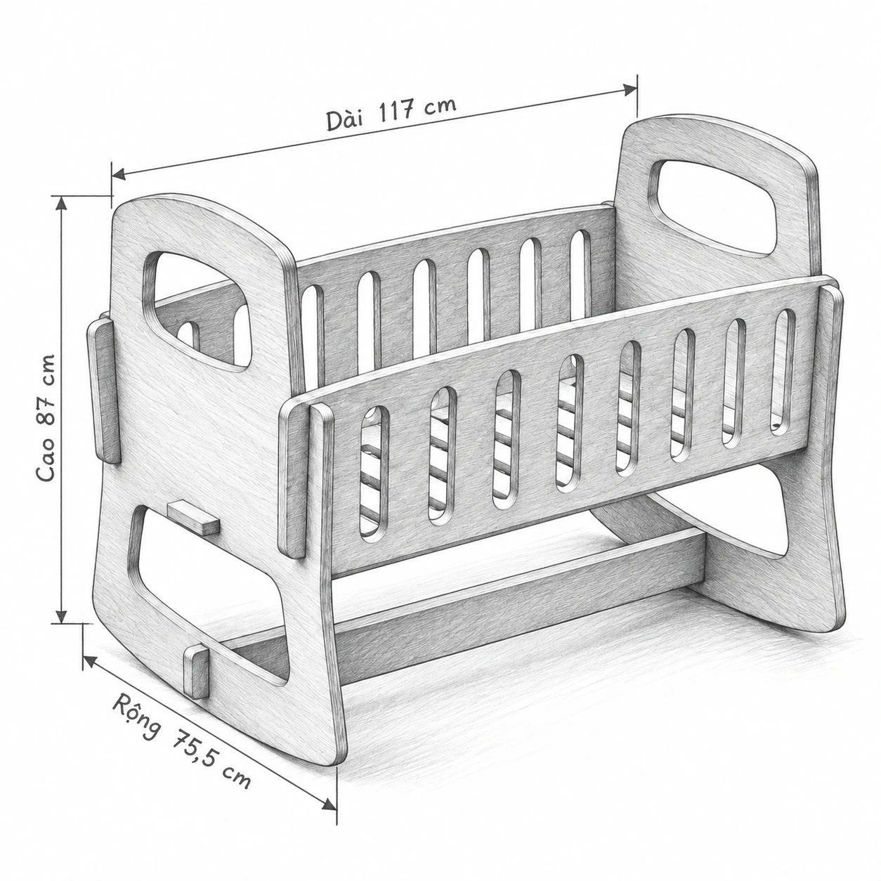 Phác thảo nôi gỗ chân cong với kích thước phủ bì 117 × 75,5 × 87 cm